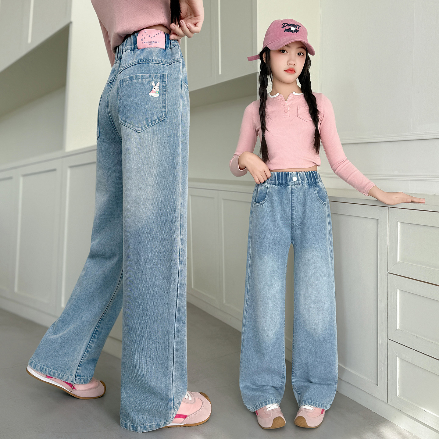 女童春装牛仔裤外穿2026新款洋气初中生宽松直筒阔腿裤中大童裤子