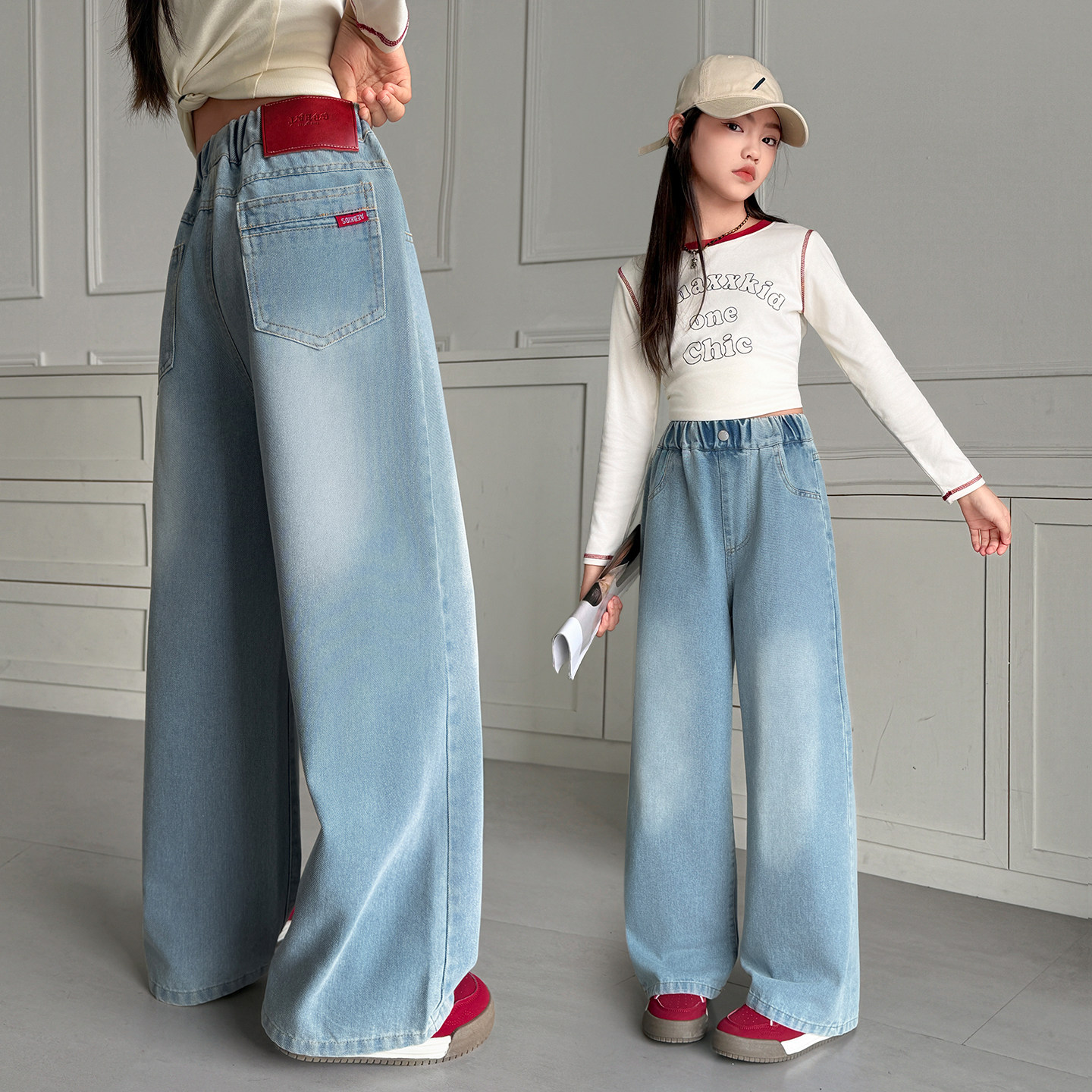 女童春装牛仔裤外穿2026新款初中生韩版洋气阔腿裤中大童春秋长裤