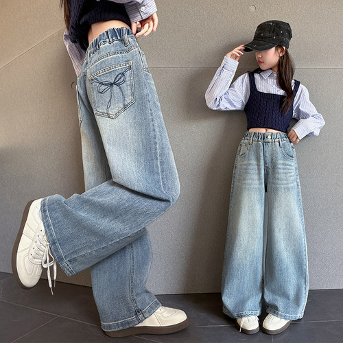 女童春秋新款刺绣宽松阔腿牛仔裤