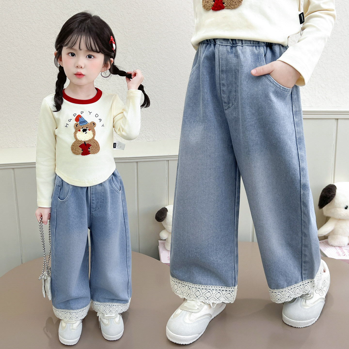 女童蕾丝花边牛仔裤春秋款2026新款中小童阔腿裤宝宝宽松直筒裤子,童装/婴儿装/亲子装,儿童牛仔裤,淘宝优惠券,粉丝福利购,淘宝优惠卷