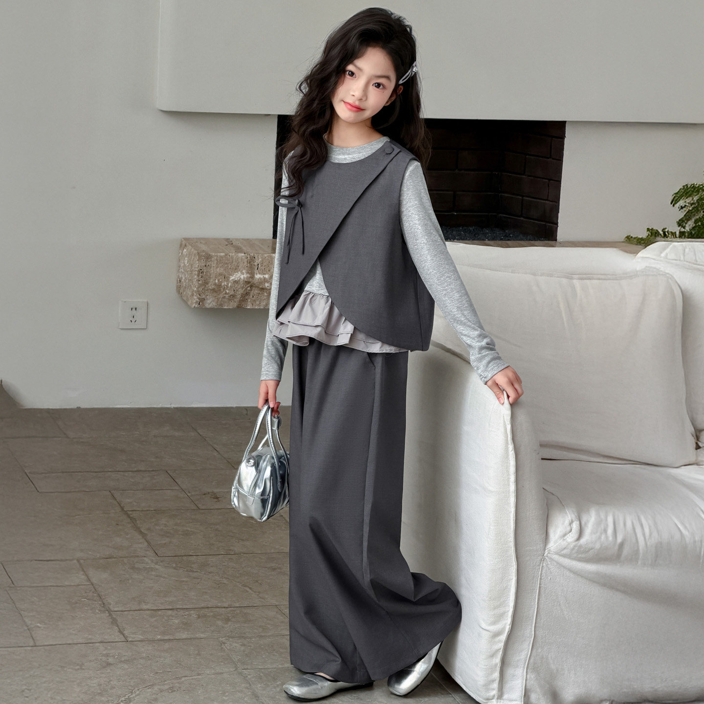 女童2026新款春秋款马甲打底衫阔腿裤中大童三件套初中生春装淑女