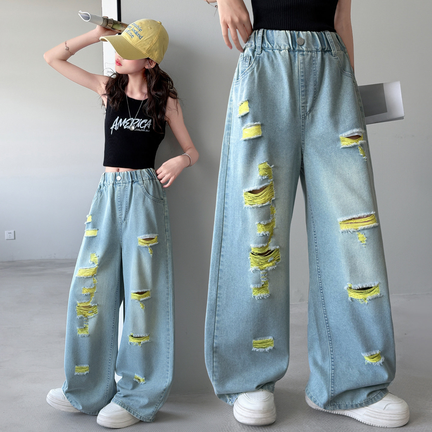 女童夏季薄款破洞阔腿牛仔裤图片