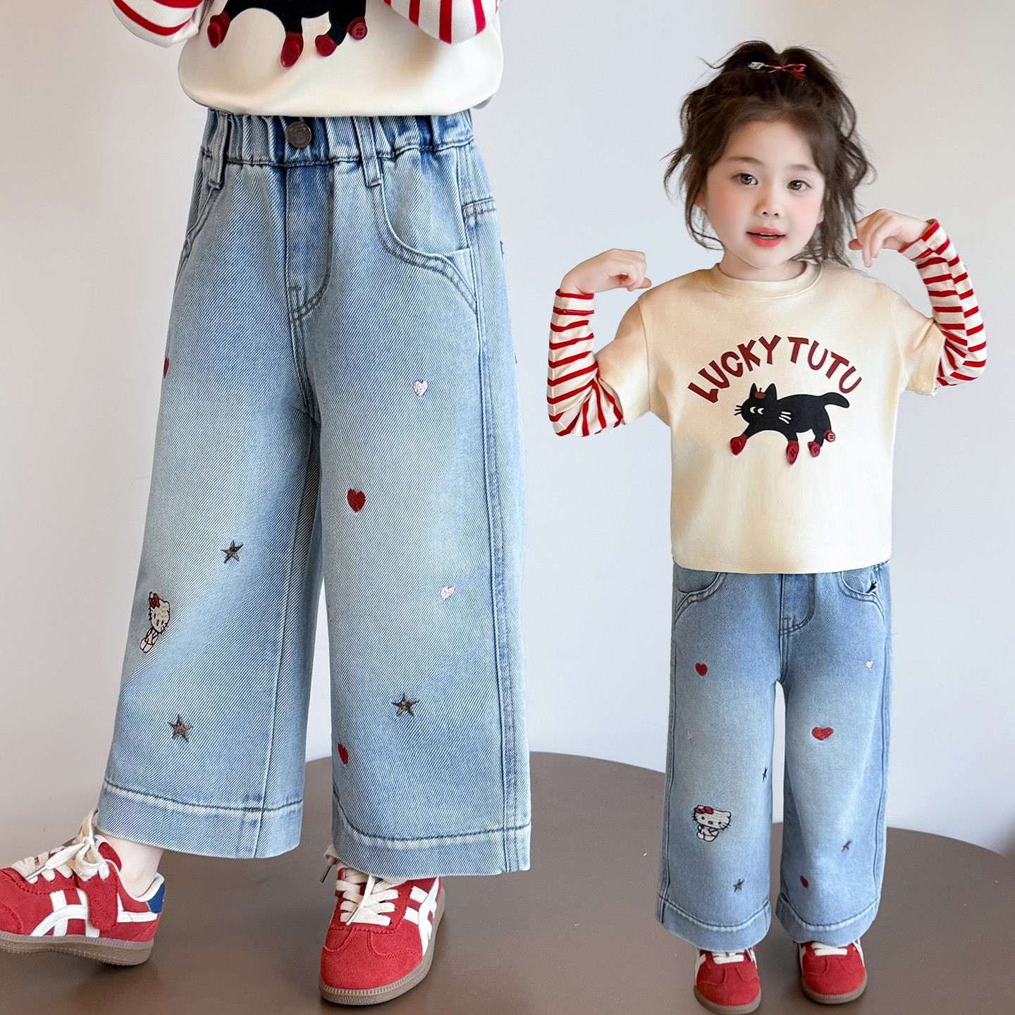 女童卡通刺绣牛仔阔腿裤春秋2026新款儿童宽松直筒长裤中小童裤子