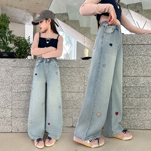 2026新款女童刺绣阔腿牛仔裤