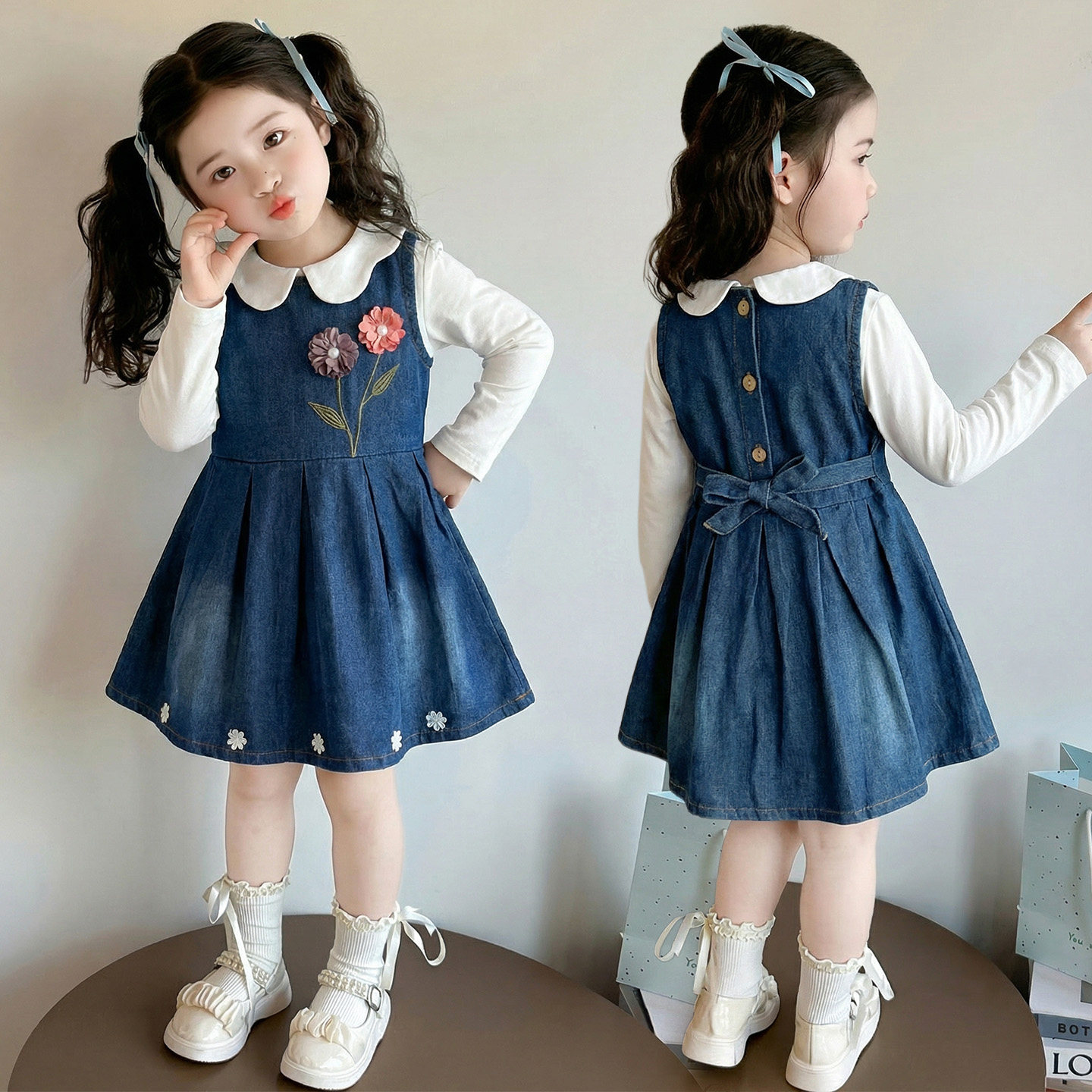 中小女童学院风牛仔连衣裙两件套春秋新款洋气女宝宝背心裙套装潮