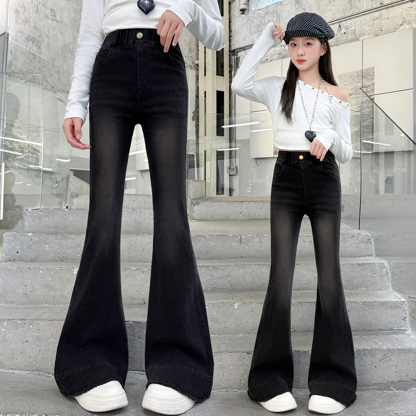 春装女童高弹黑色喇叭牛仔裤2026新款中大童弹力长裤中学生微喇裤