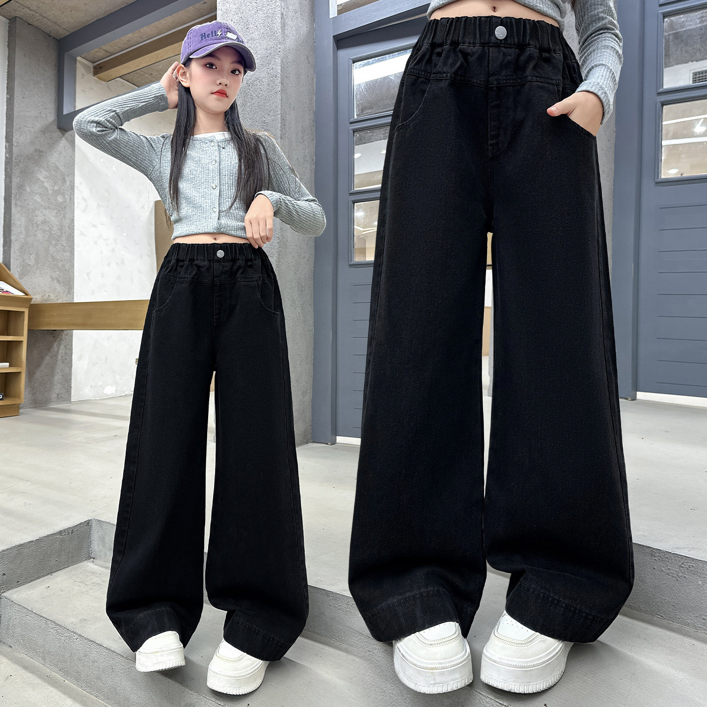 女童黑色牛仔裤春秋款2026新款中学生儿童春装宽松直筒阔腿长裤子