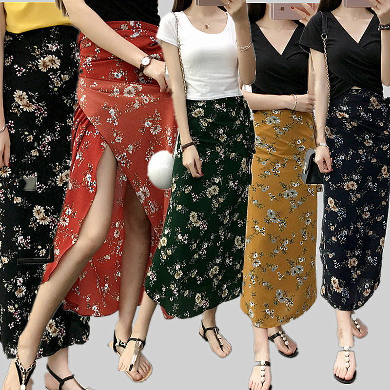 Floral Chiffon skirt summer Mid length version Single chip Wrap Dress Frenum Paige Split ends Beach dressin the Women's clothing/Boutique , Skirts  category - from Buy2taobao.com to provide professional Taobao agent buy service