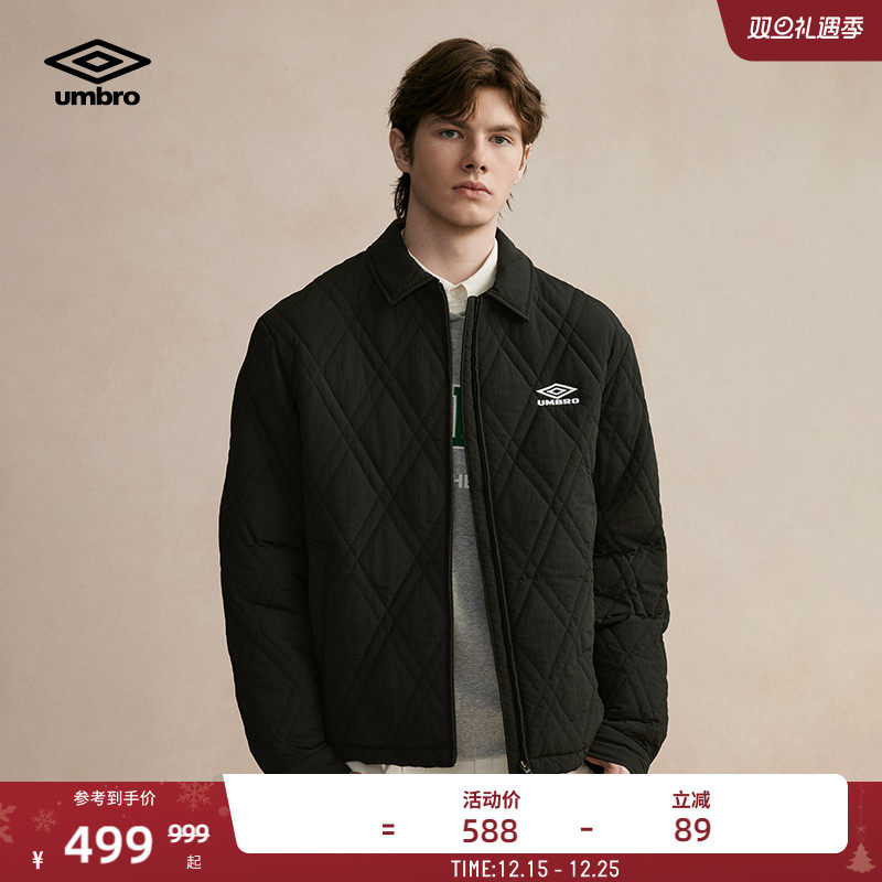 umbro茵宝官方运动复古绗缝菱形格棉袄加厚外套休闲衬衫领棉服