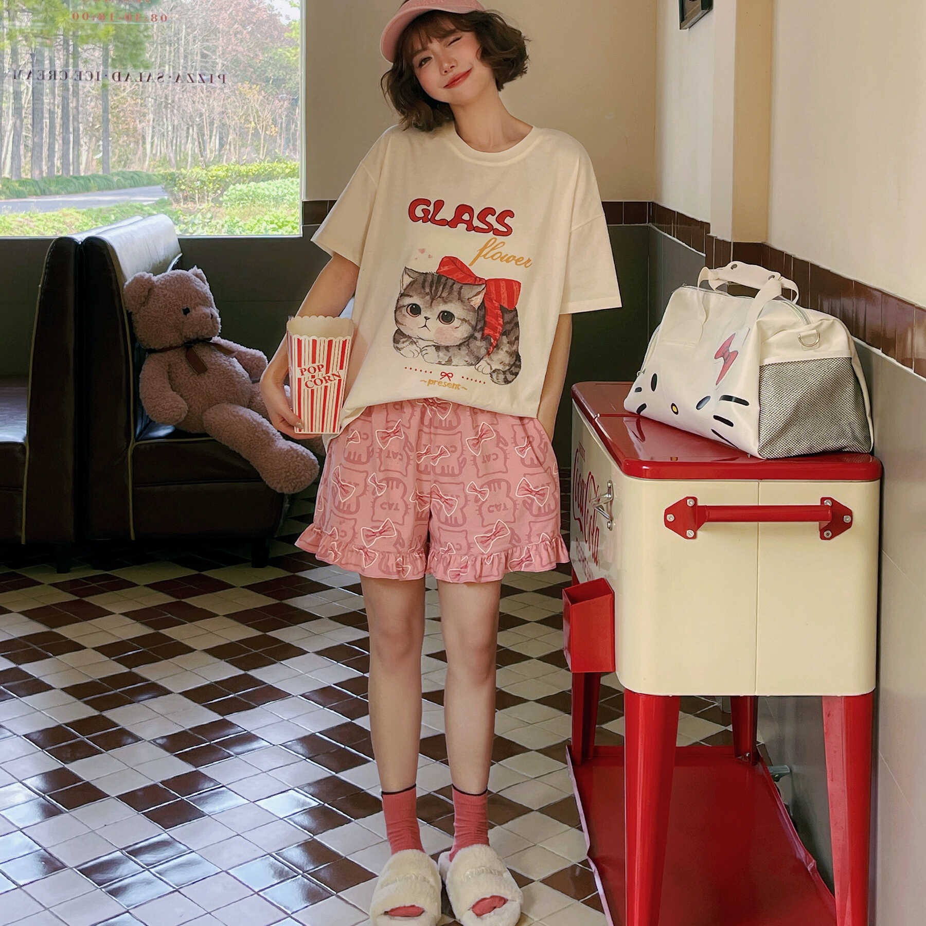 粉色猫咪睡衣女夏季薄款T恤短袖短裤套装丝光棉可外穿家居服2018