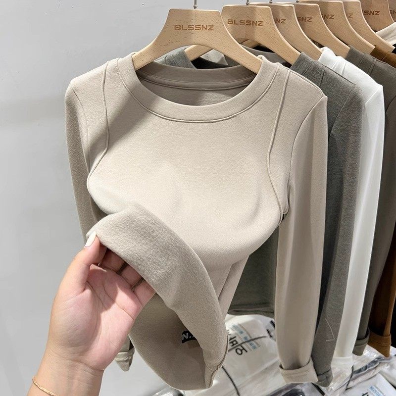 磨毛圆领打底衫女内搭秋冬季新款独特别致长袖t恤修身加绒上衣女,女士内衣/男士内衣/家居服,保暖上装,淘宝优惠券,粉丝福利购,淘宝优惠卷