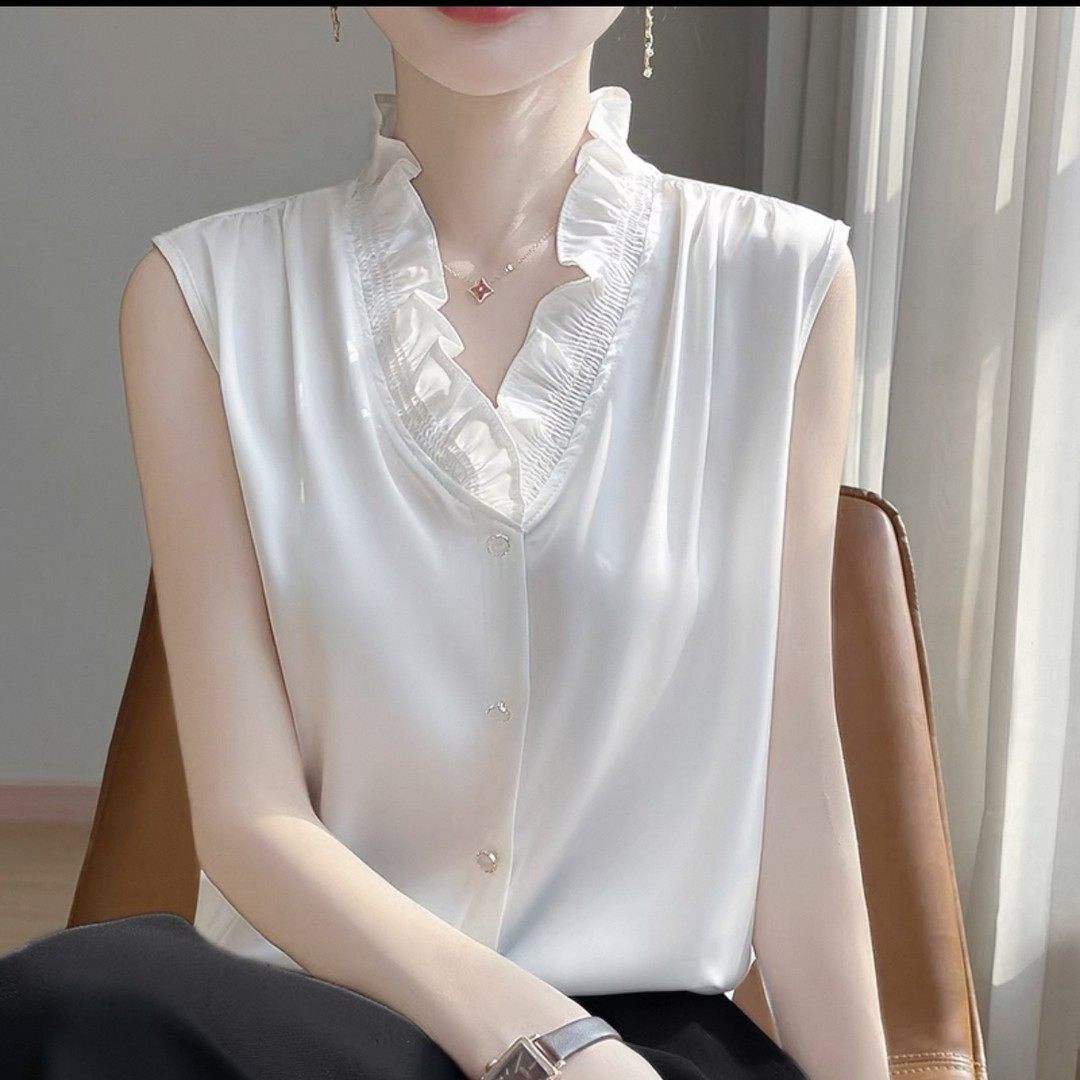 法式V领木耳花边丝滑缎面无袖背心气质内搭女叠穿百搭打底秋季,女装/女士精品,真丝上装,淘宝优惠券,粉丝福利购,淘宝优惠卷