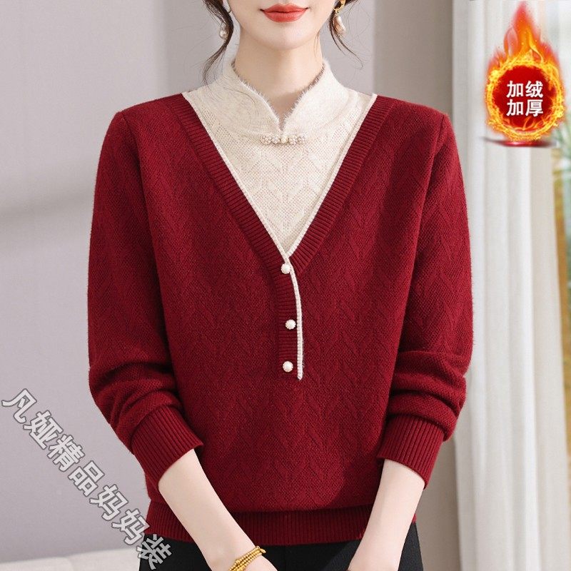 妈妈装秋冬季加绒加厚旗袍领毛衣2025新款中老年女一体绒保暖上衣,女装/女士精品,中老年女装,淘宝优惠券,粉丝福利购,淘宝优惠卷