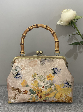 新中式国风手提包文艺气质汉服旗袍包百搭真竹节手工diy自制材料