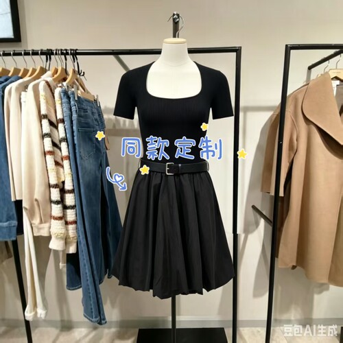 商场同款连衣裙2026夏季新短袖收腰方领A字花苞短裙32627B027-KP