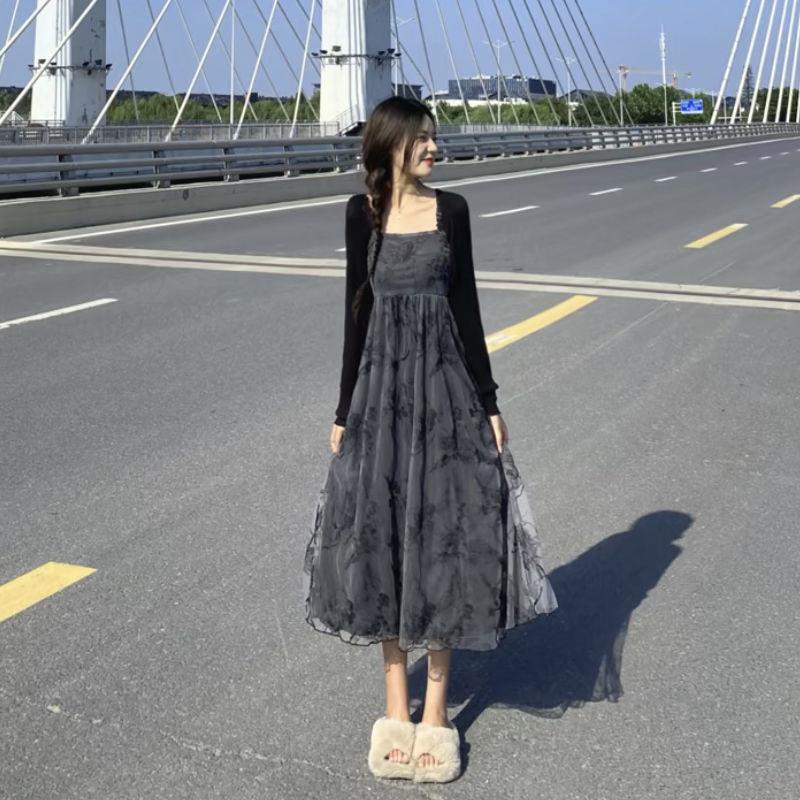 套装女森系初恋裙夏季新款纱网开衫防晒衣黑玫瑰吊带连衣裙