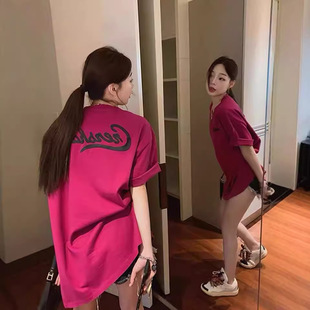 t恤女 火龙果色洋气减龄短袖 春夏款 bm辣妹风上衣设计感正肩T打底衫