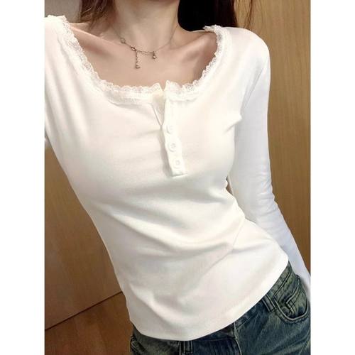 早春秋季绝美纯欲蕾丝花边显瘦打底衫女内搭长袖T恤美洋u领上衣Go