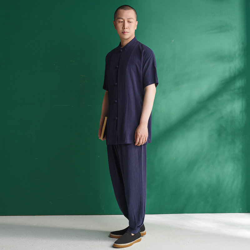 원래 새로운 여름 남성 선 HANFU 평신도 재생 셀룰로오스 린넨 반팔 선 명상 당나라 정장