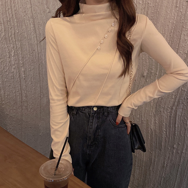 Double sided thickened denim 2020 winter wear new button half high collar slim bottom