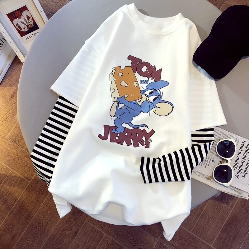 Official map real price cotton 2021 spring cartoon print top two fake T-shirts with super fire stripe sleeves