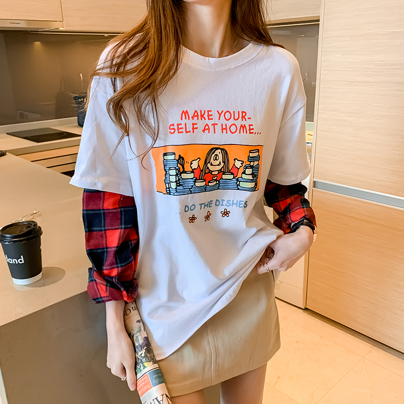 Real price small V original model 2021 spring new fake two Long Sleeve Plaid printed top