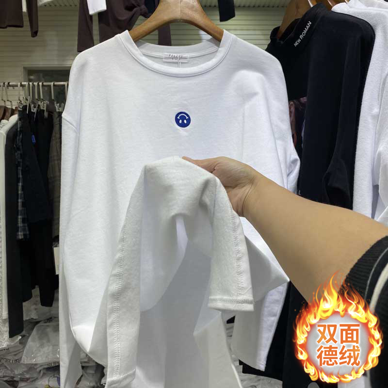 Official picture real price double sided thickened de velvet 2020 winter wear smiling face printing loose slit long sleeve T-shirt for women