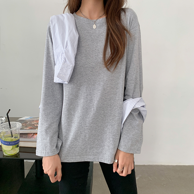 Official figure real price polyester spring round neck solid color long sleeve T-shirt women's bottom shirt