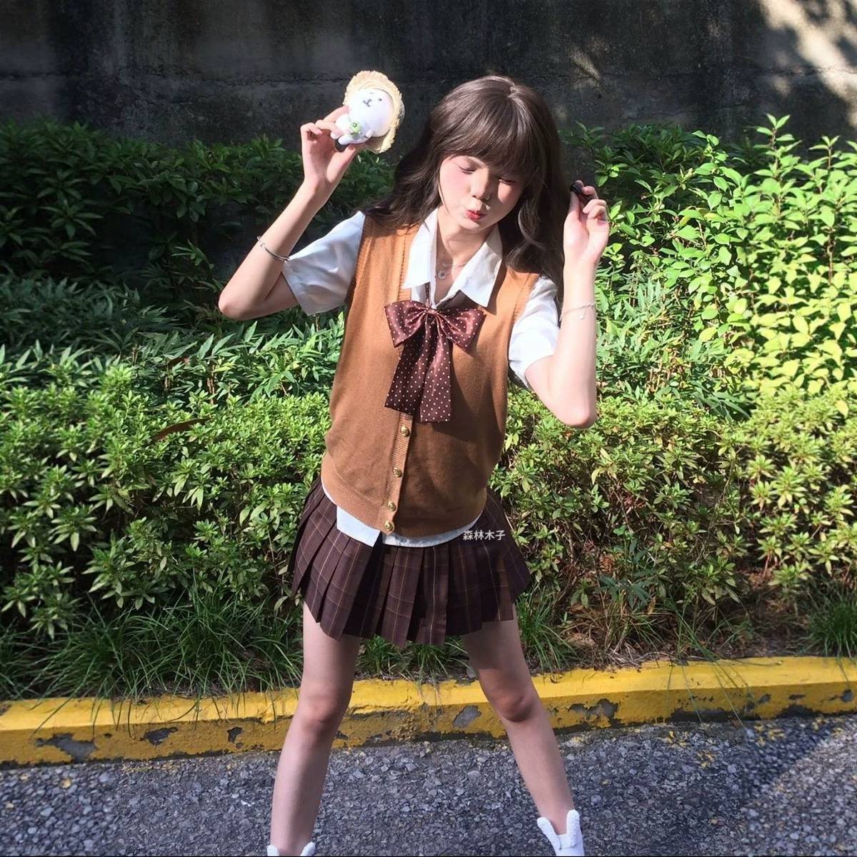 学院风JK棕色开衫无袖马甲日系制服焦糖可颂甜美格裙软妹穿搭套装
