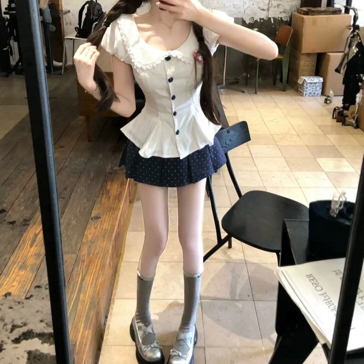 纯欲学院风娃娃领收腰鱼尾上衣女夏季新款显瘦波点百褶裙裤裙套装