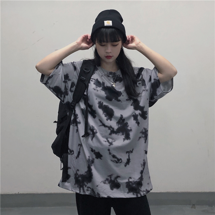 6672#实拍实价控价30~韩国ins水墨灰扎染短袖太阳刺绣T恤男女