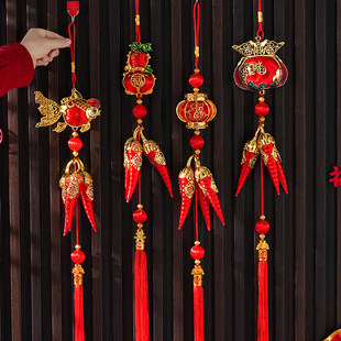 灯笼辣椒挂饰红色流苏2026马年新年春节福字小挂件过年装饰