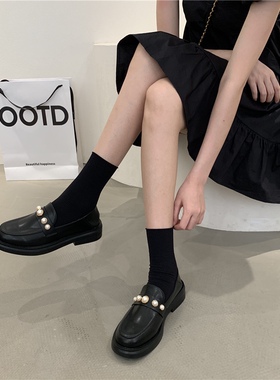 乐福鞋袜子搭配秋纯棉黑色中筒堆堆袜女配小皮鞋日系长筒春秋外穿