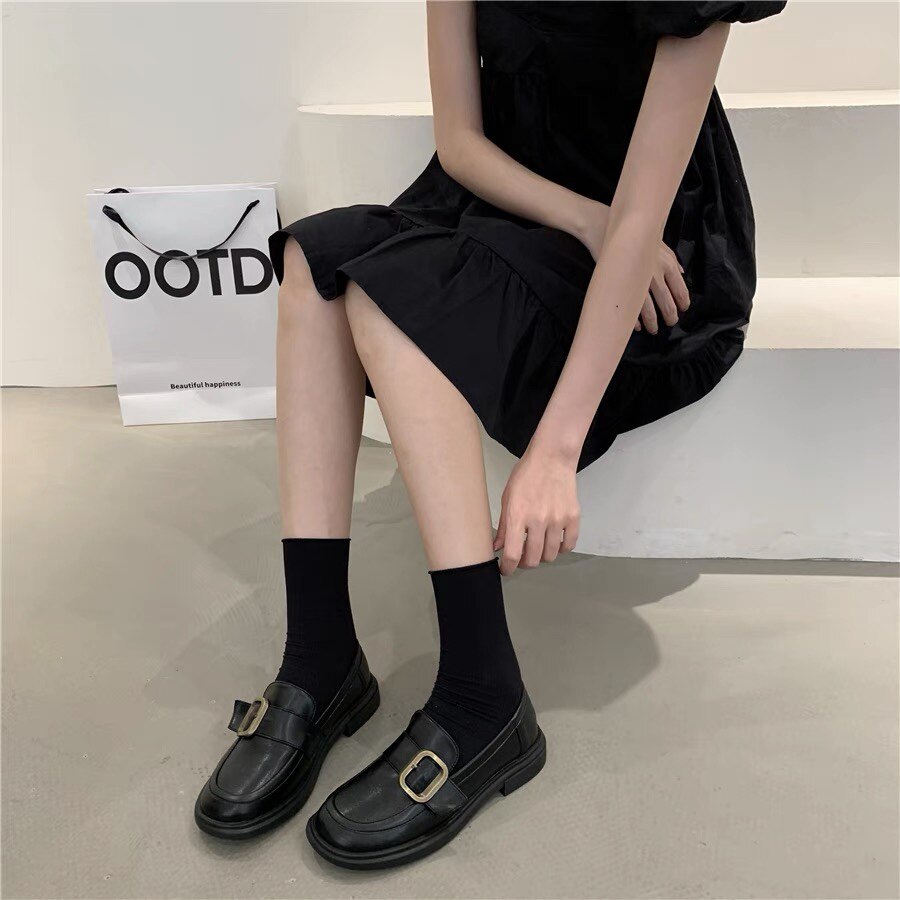 黑色堆堆袜女搭配小皮鞋马丁靴纯棉中筒春秋季玛丽珍鞋乐福鞋袜子