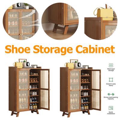 7 Tiers Wooden Shoe Cabinet with Rattan Doors Large Shoe