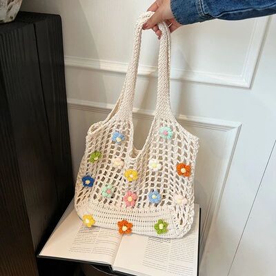 Women Knitted Tote Handbag Hollow Out Flower Woven Shoulder