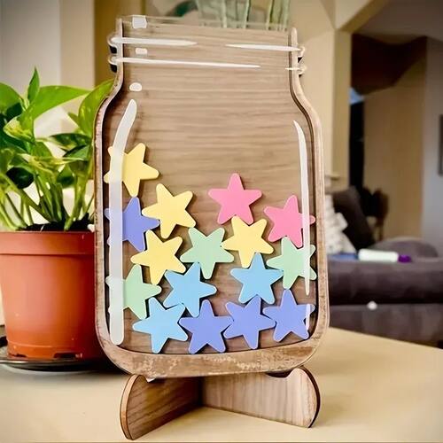 Colorful acrylic star reward jar with wooden frame - home