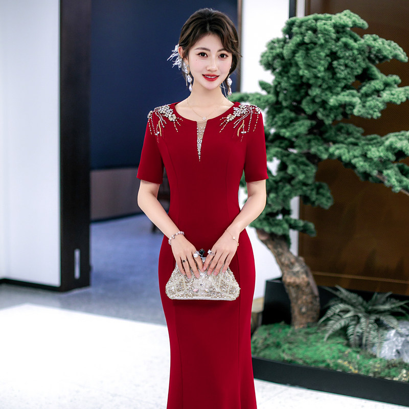 喜妈妈婚宴礼服中年女短袖连衣裙