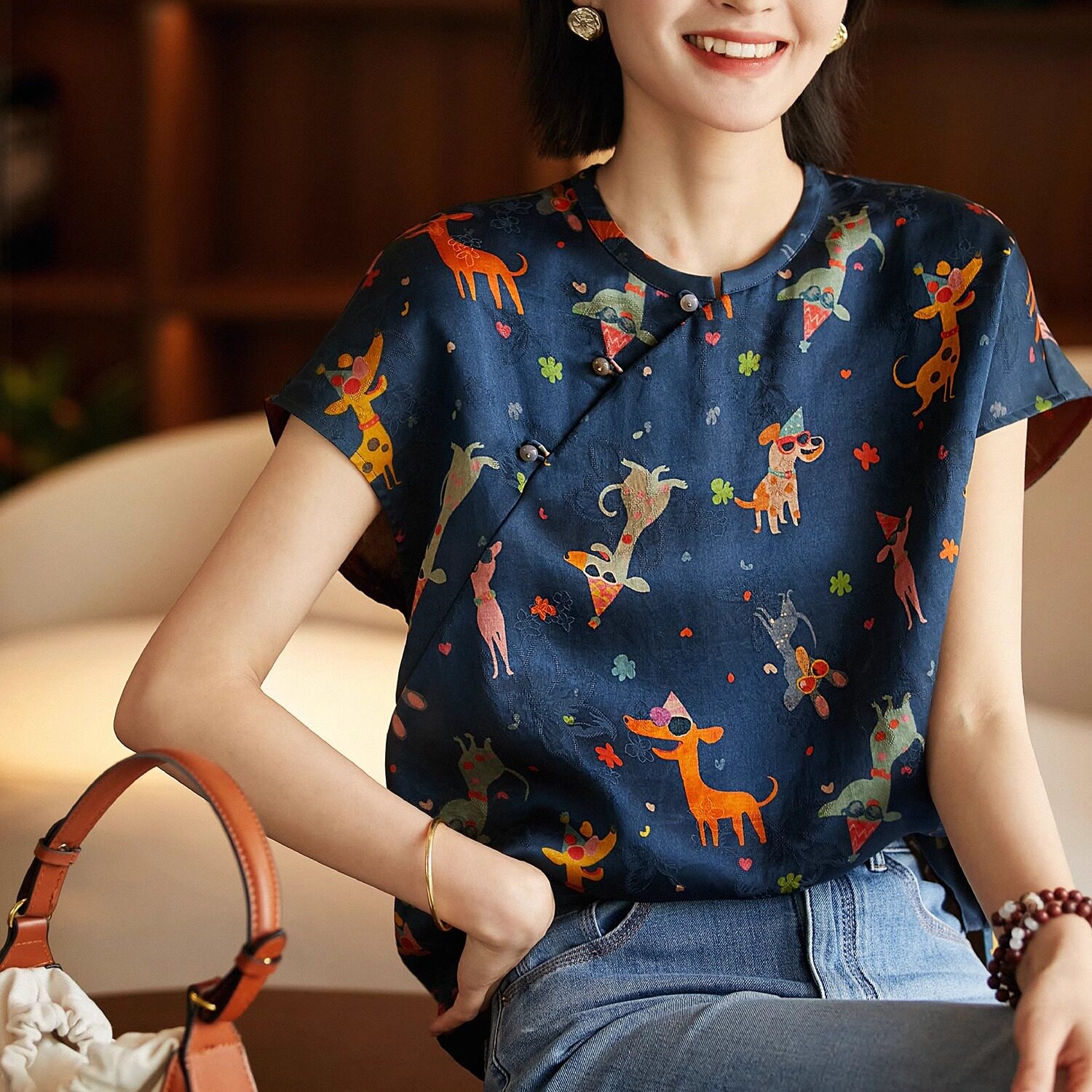 一袭香萌系华服非遗香云纱桑波缎提花双版本小上衣女