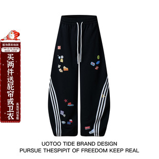 潮牌街舞宽松辣妹长裤 女秋季 复古趣味印花条纹弯刀卫裤 UOTOO美式