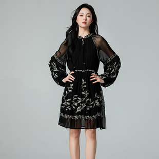 真丝夏季 新款 重磅桑蚕丝连衣裙2025女装 流苏刺绣轻奢高级感中长款