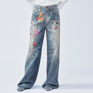 UOOYAA/乌丫经典趣味链条印花牛仔裤
