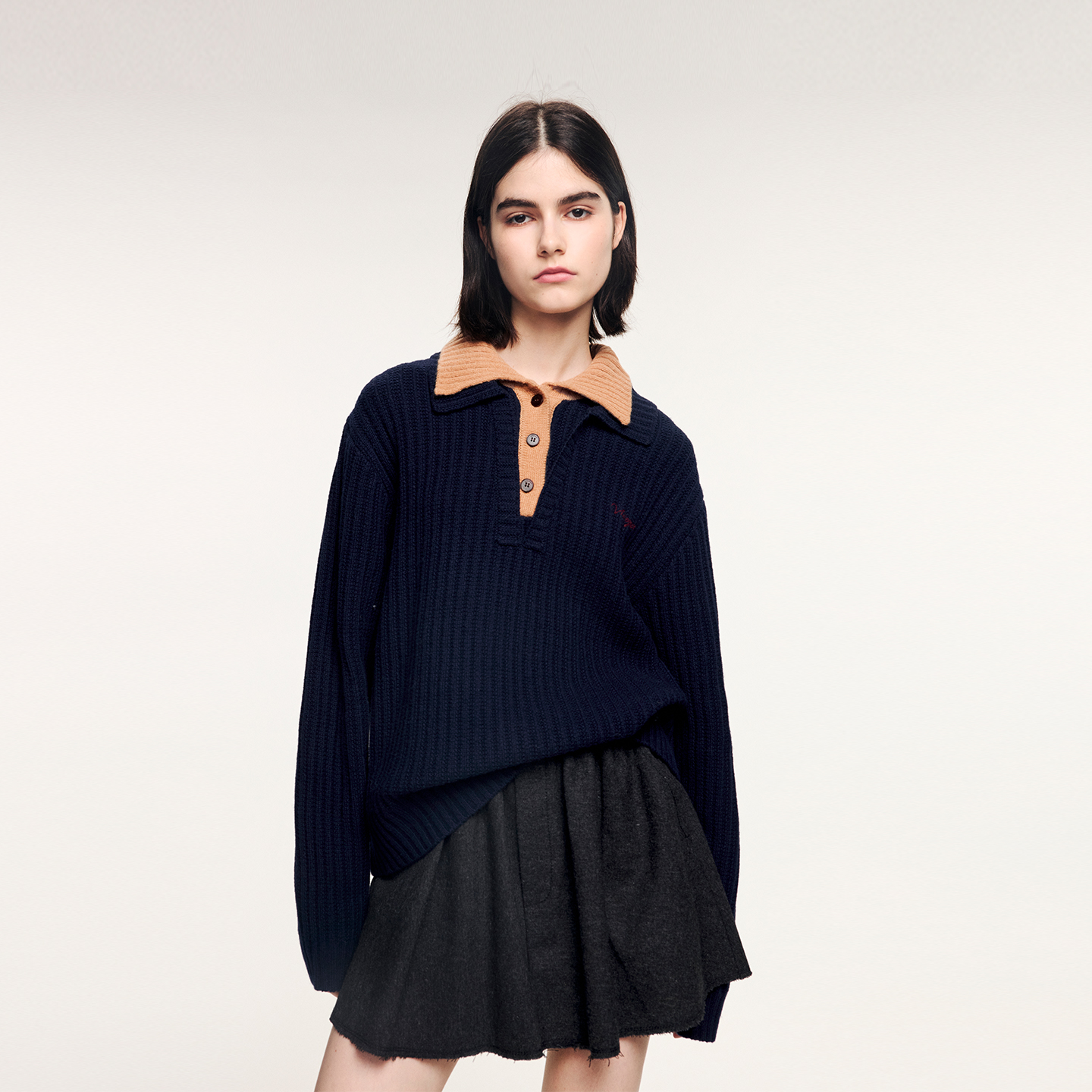 复古假两件POLO领套头毛衫