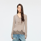 UOOYAA T恤 「魔法花园」天鹅印花蕾丝拼接长袖 乌丫2026春季 新款