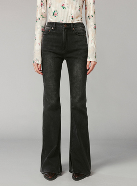 UOOYAA/乌丫复古水洗黑色微喇牛仔裤