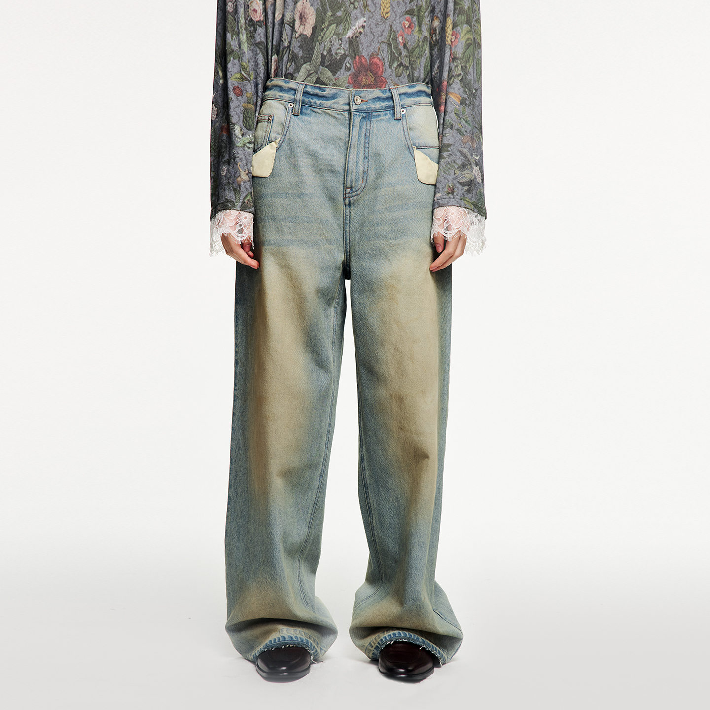 UOOYAA/乌丫口袋外翻水洗牛仔裤