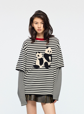 UOOYAA/乌丫2026春季新款「伤心熊猫」条纹假两件套头毛衫