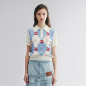 UOOYAA T恤 动感樱桃菱形格POLO领毛衫 乌丫2025秋新款 经典