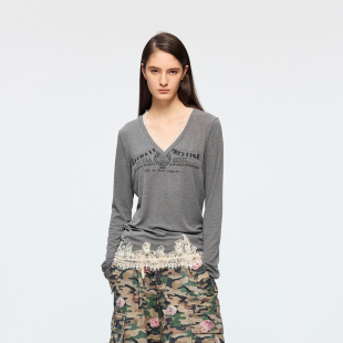 「魔法花园」天鹅印花蕾丝拼接长袖 新款 T恤 乌丫2026春季 UOOYAA