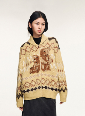 UOOYAA/乌丫2025冬季新款「伤心小熊」费尔岛雪橇领毛开衫